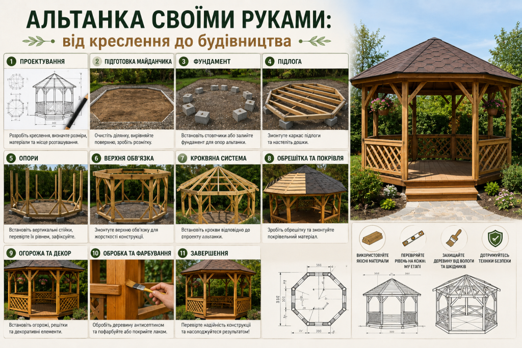 Інфографіка з покроковою інструкцією будівництва дерев'яної альтанки своїми руками: від проєктування та фундаменту до покрівлі, оздоблення й завершення робіт.