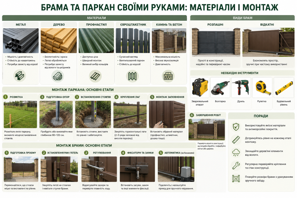 Інфографіка про матеріали, інструменти та основні етапи монтажу паркану і брами своїми руками.