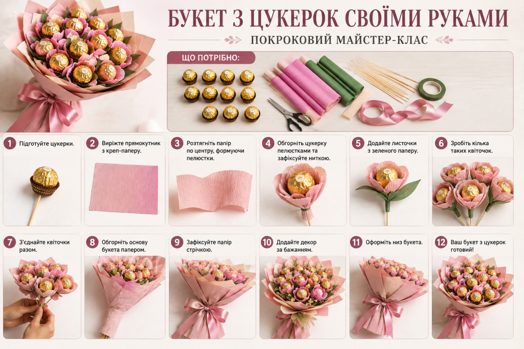 Інфографіка з покроковою інструкцією створення букета з цукерок, гофрованого паперу, шпажок і декоративної стрічки