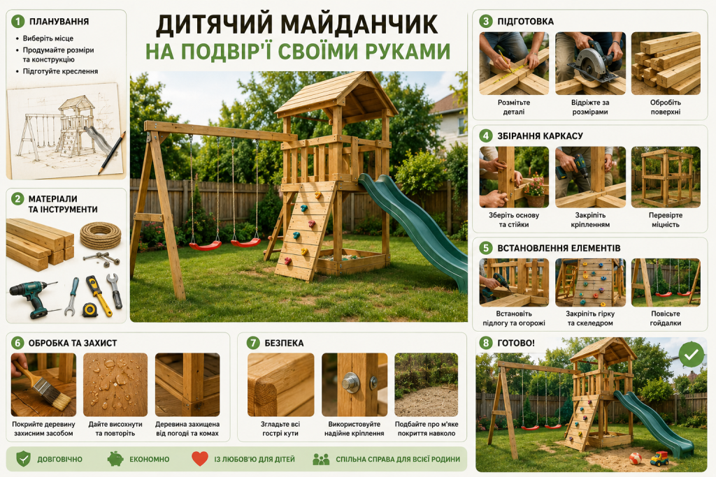 Інфографіка про створення дитячого майданчика своїми руками з етапами планування, підготовки матеріалів, складання каркаса, монтажу гірки та гойдалок