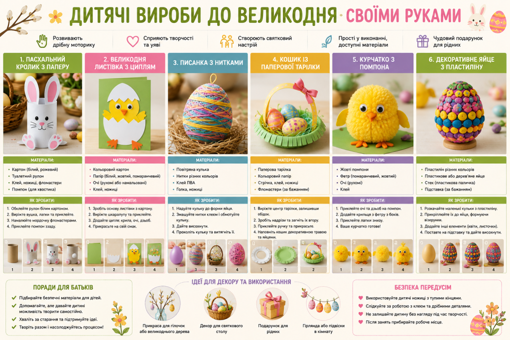 Інфографіка з простими дитячими виробами до Великодня, матеріалами, покроковими інструкціями та творчими ідеями для дітей.