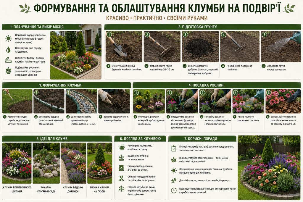 Інфографіка з покроковою інструкцією створення клумби на подвір'ї: підготовка ґрунту, посадка рослин, догляд та приклади красивого оформлення.