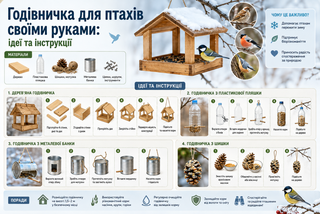 Інфографіка про виготовлення годівничок для птахів із дерева, пластикової пляшки, металевої банки та шишок з покроковими інструкціями і корисними порадами.