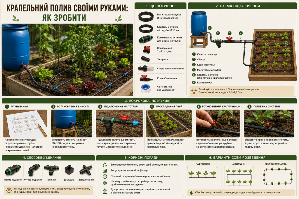 Інфографіка з покроковою інструкцією монтажу системи крапельного поливу своїми руками, схемою підключення, необхідними матеріалами та корисними порадами.