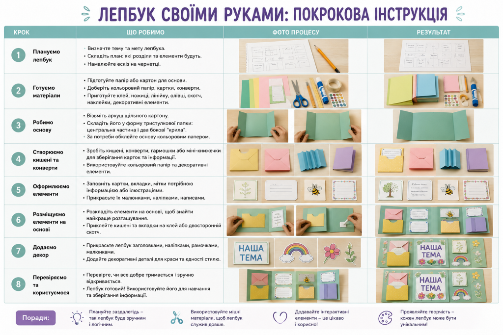 Покрокова інструкція зі створення лепбука власноруч із матеріалами, процесом складання, оформленням кишеньок і готовим результатом.