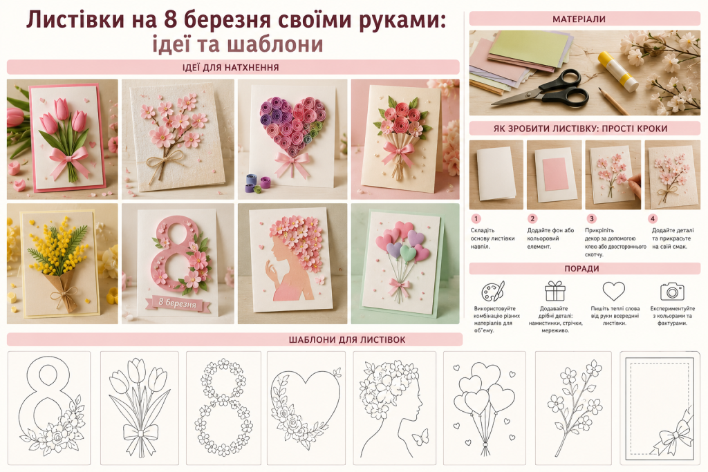 Інфографіка з ідеями, матеріалами, покроковим виготовленням і шаблонами саморобних листівок на 8 березня.