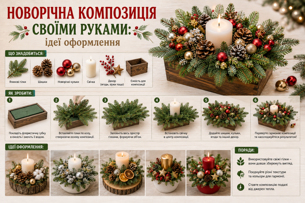 Інфографіка про створення новорічної композиції своїми руками з покроковою інструкцією, необхідними матеріалами, варіантами оформлення та корисними порадами.