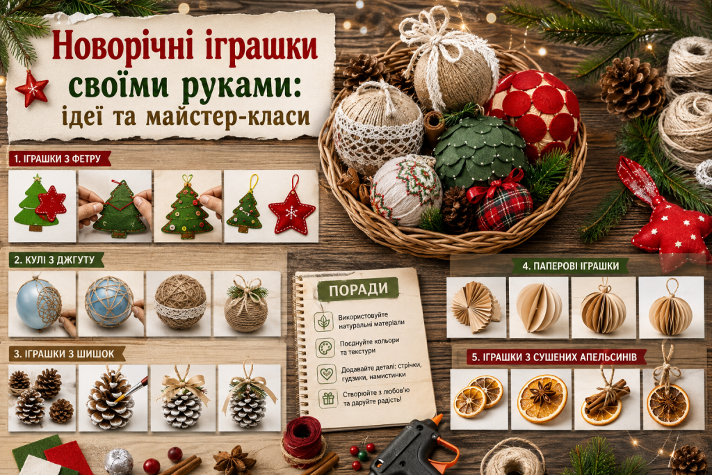 Інфографіка з майстер-класами зі створення новорічних іграшок із фетру, джуту, шишок, паперу та сушених апельсинів, а також практичними порадами.