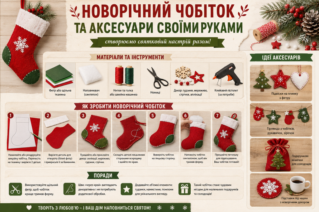 Інфографіка з покроковою інструкцією виготовлення новорічного чобітка з фетру, переліком матеріалів, етапами пошиття та ідеями святкових аксесуарів.
