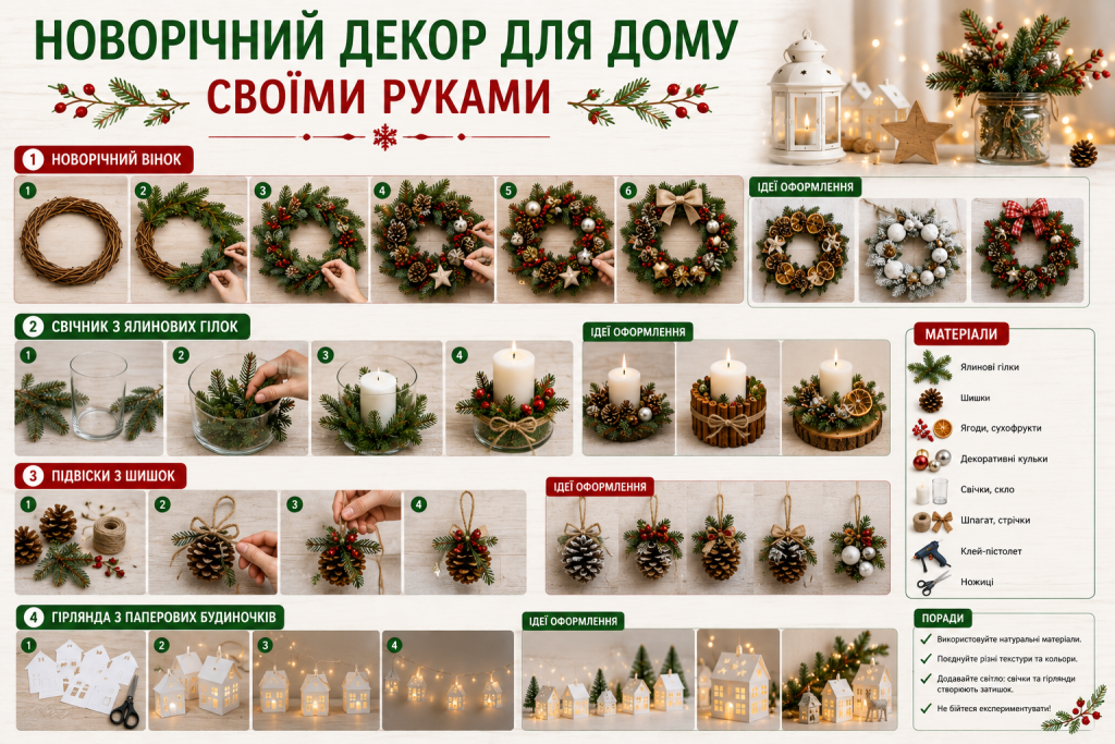 Інфографіка з ідеями створення новорічного декору для дому своїми руками: вінки, свічники, підвіски із шишок, паперові будиночки та корисні поради.