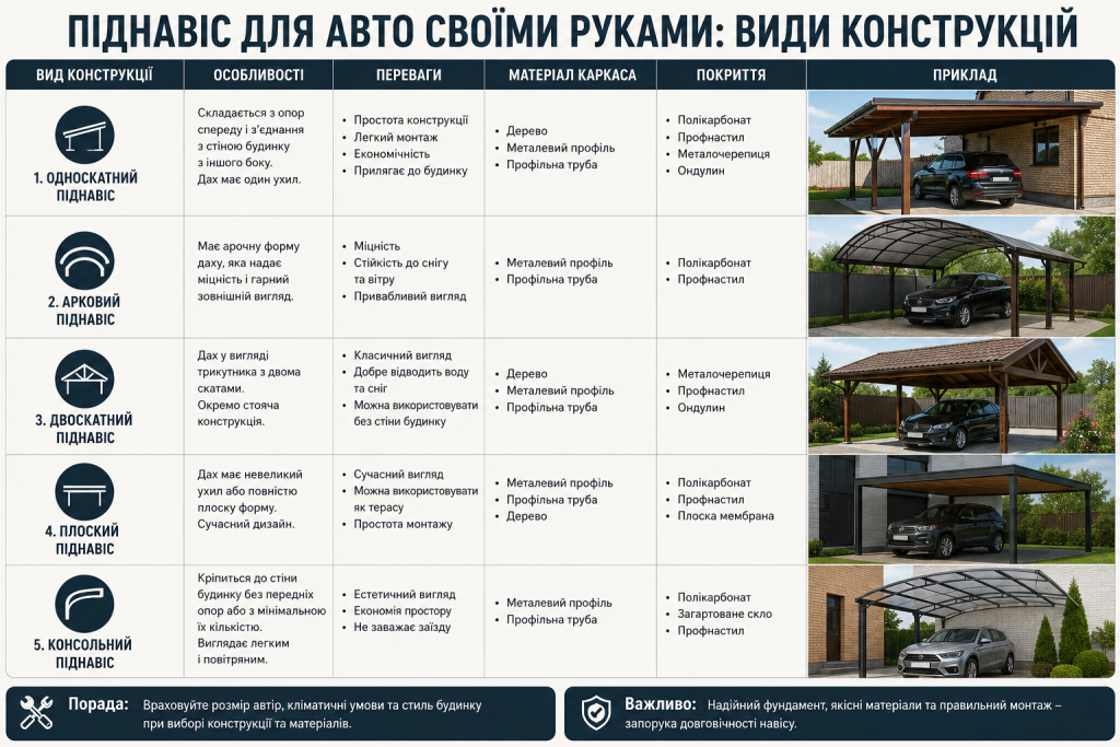 Інфографіка з порівнянням різних конструкцій автомобільних навісів, їхніх особливостей, переваг, матеріалів каркаса та варіантів покриття.