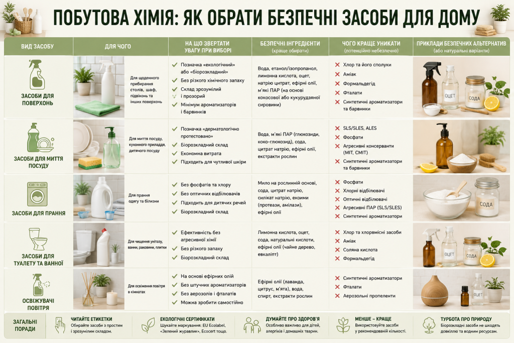 Інфографіка про вибір безпечної побутової хімії для дому з рекомендаціями щодо складу, компонентів і натуральних альтернатив.