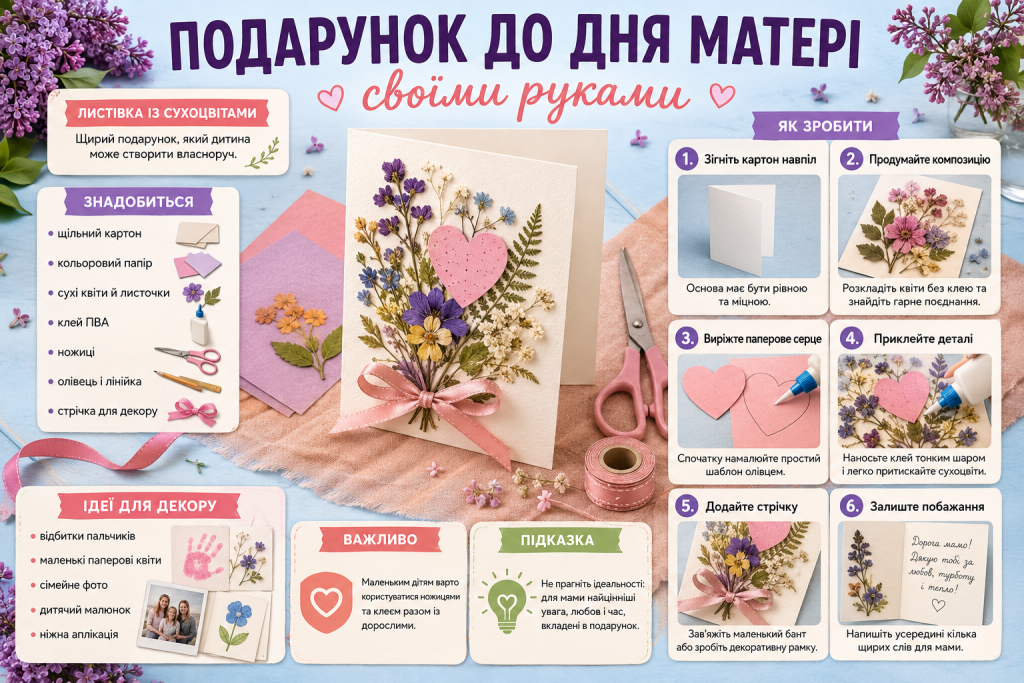Інфографіка з покроковою інструкцією створення подарунка до Дня матері своїми руками — листівки із сухоцвітами.