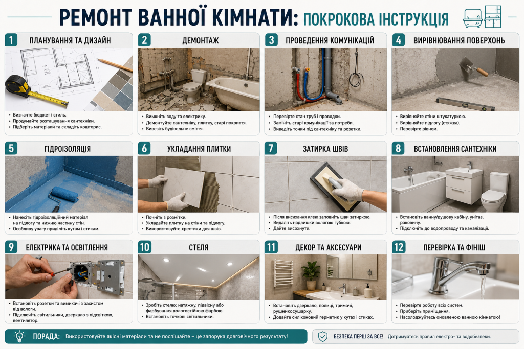 Інфографіка про ремонт ванної кімнати своїми руками з основними етапами робіт: від планування та демонтажу до монтажу сантехніки й фінального оздоблення.