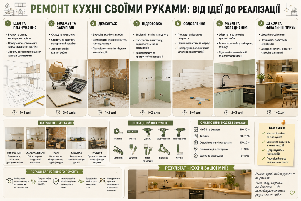 Детальна інфографіка про ремонт кухні своїми руками з етапами робіт, необхідними інструментами, бюджетом і корисними порадами.