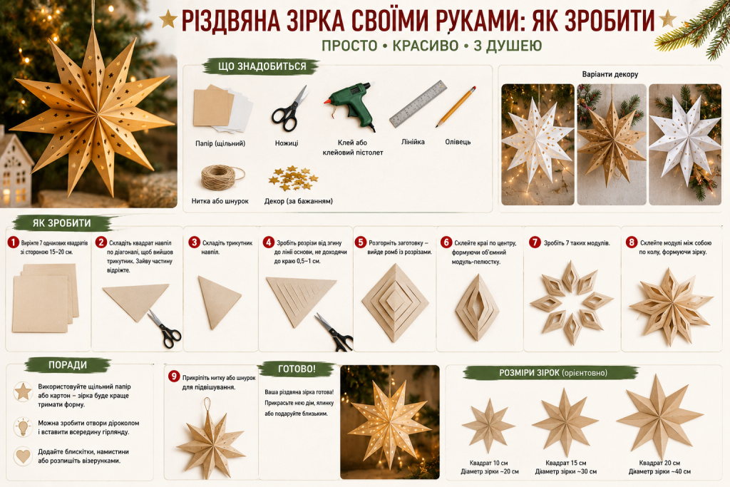 Інфографіка з покроковою інструкцією виготовлення різдвяної паперової зірки своїми руками, списком матеріалів, варіантами декору та корисними порадами.