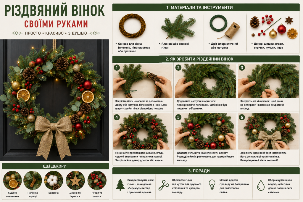 Інфографіка з покроковим майстер-класом зі створення різдвяного вінка своїми руками, списком матеріалів, етапами виготовлення та ідеями декору.