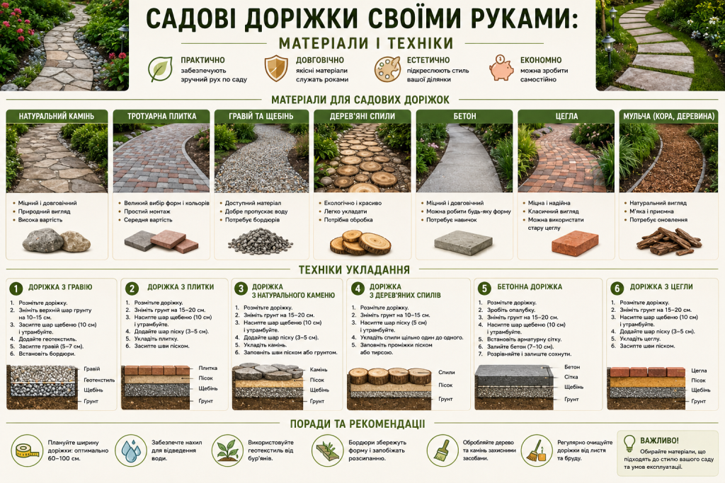 Інфографіка з оглядом матеріалів і способів облаштування садових доріжок, покроковими схемами та рекомендаціями.