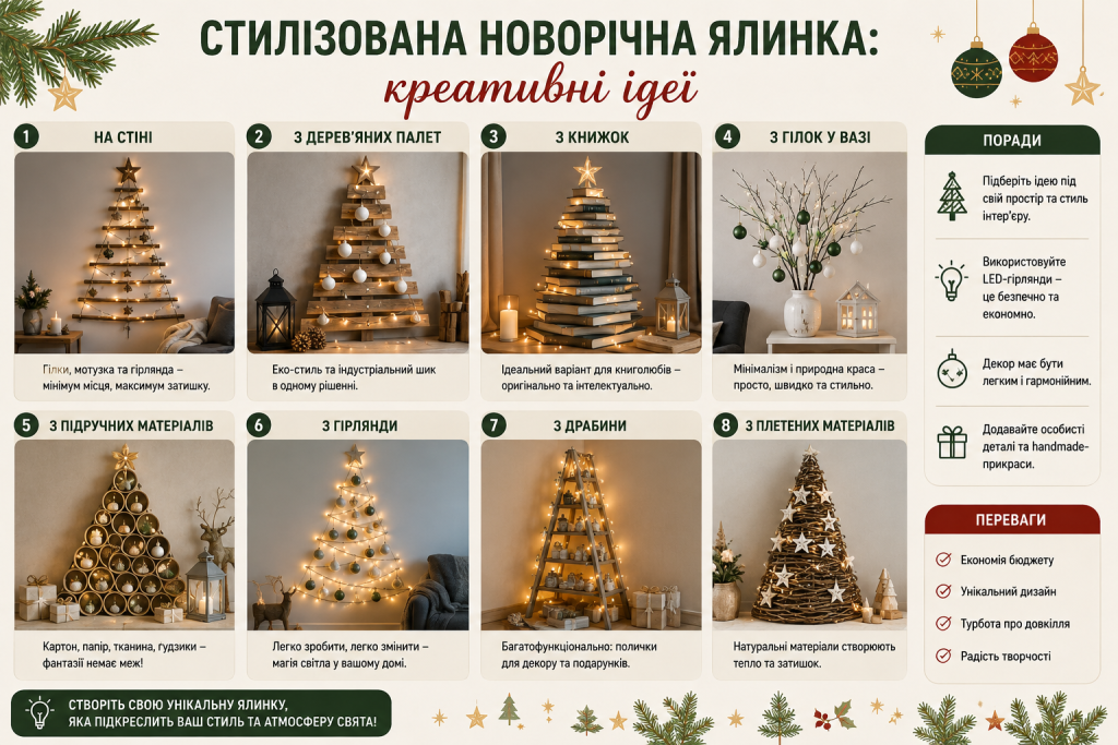 Інфографіка з добіркою креативних ідей створення стилізованої новорічної ялинки з підручних матеріалів для сучасного святкового інтер'єру.