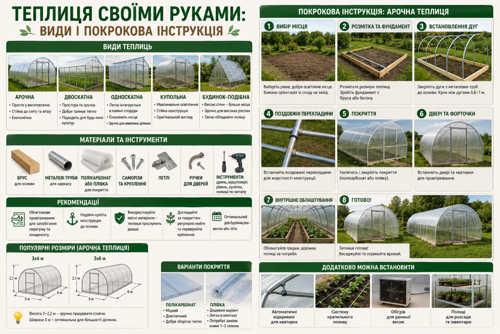 Інфографіка про різновиди теплиць, необхідні матеріали, етапи будівництва арочної теплиці, рекомендовані розміри та корисні поради.