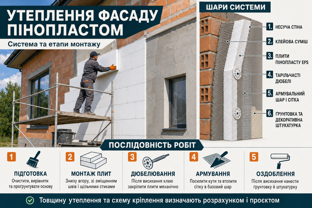 Інфографіка про утеплення фасаду пінопластом із шарами системи та основними етапами монтажу