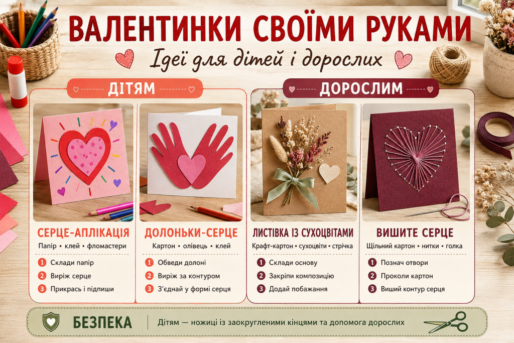 Інфографіка з ідеями саморобних валентинок із паперу, картону, сухоцвітів і ниток