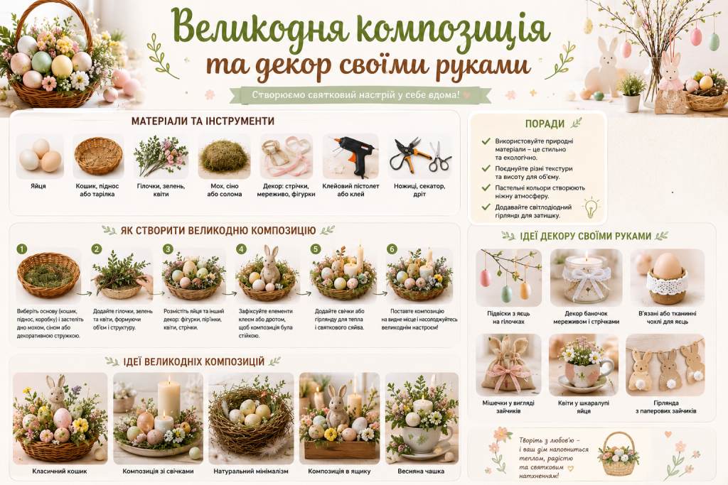 Інфографіка зі створення великодньої композиції своїми руками з матеріалами, етапами виготовлення, порадами та ідеями святкового декору.