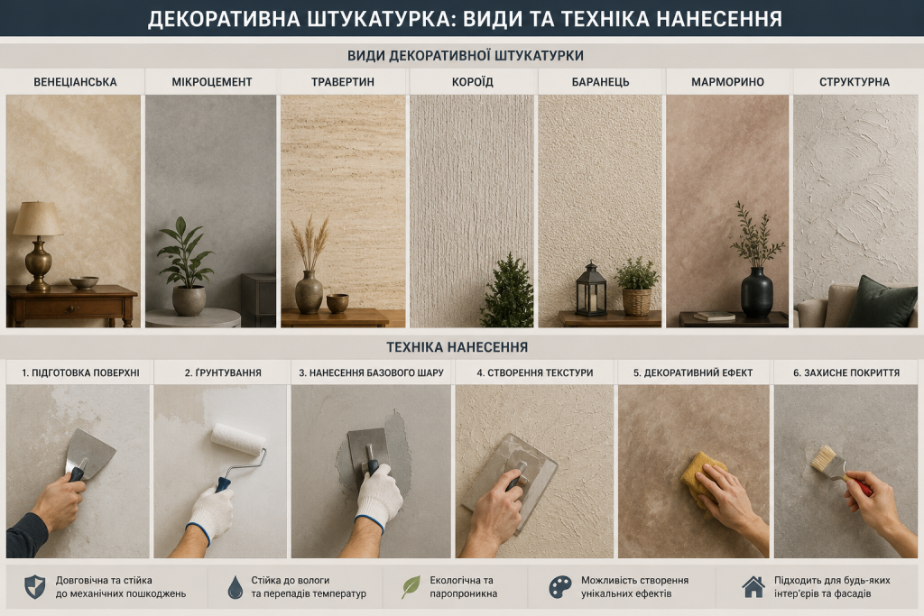 Інфографіка з видами декоративної штукатурки та етапами її нанесення на стіну для створення різних фактур і декоративних ефектів.