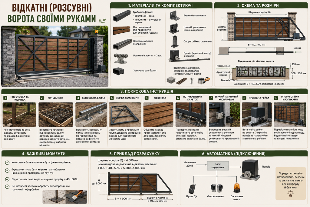 Інфографіка про виготовлення відкатних воріт своїми руками: необхідні матеріали, схема конструкції, монтаж, фундамент, автоматика та рекомендації.