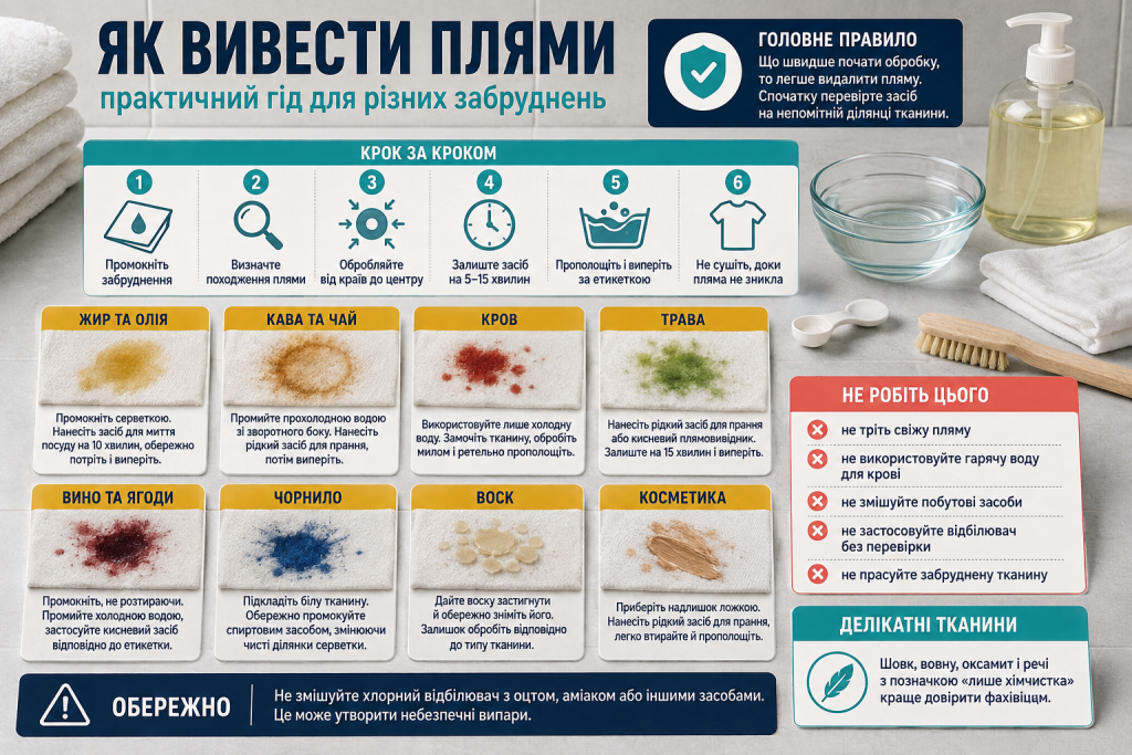 Інфографіка про способи виведення плям від жиру, кави, крові, трави, вина, чорнила, воску та косметики.