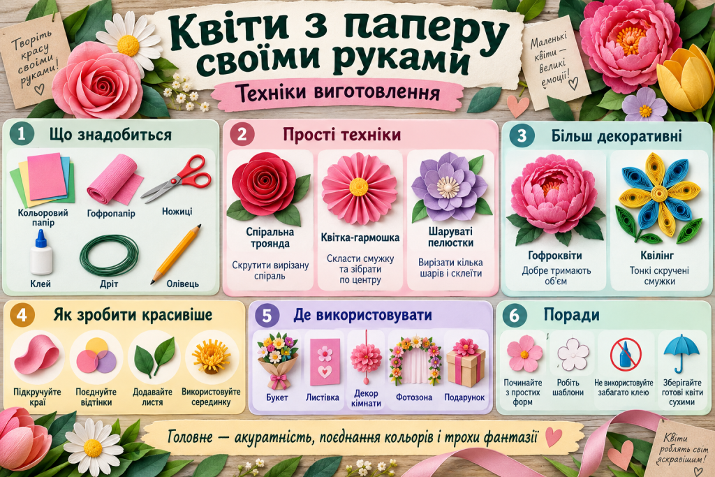 Покрокова інфографіка про виготовлення квітів із паперу з необхідними матеріалами, основними техніками створення пелюсток і прикладами декоративних композицій.