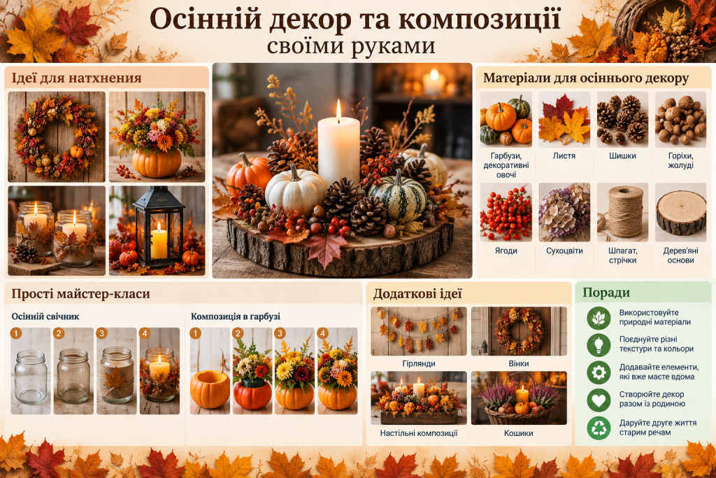 Інфографіка з ідеями осіннього декору своїми руками з гарбузів, листя, шишок, свічок, ягід та природних матеріалів.