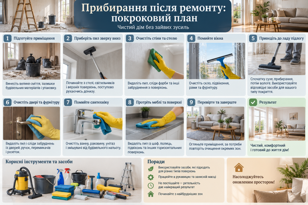 Інфографіка з покроковим планом прибирання після ремонту, очищенням пилу, вікон, підлоги, меблів і сантехніки.