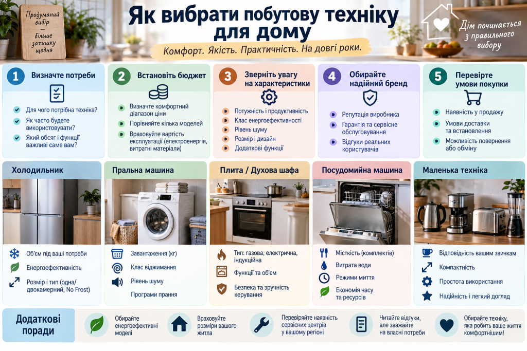 Інфографіка з порадами щодо вибору холодильника, пральної машини, духової шафи, посудомийної та малої побутової техніки.