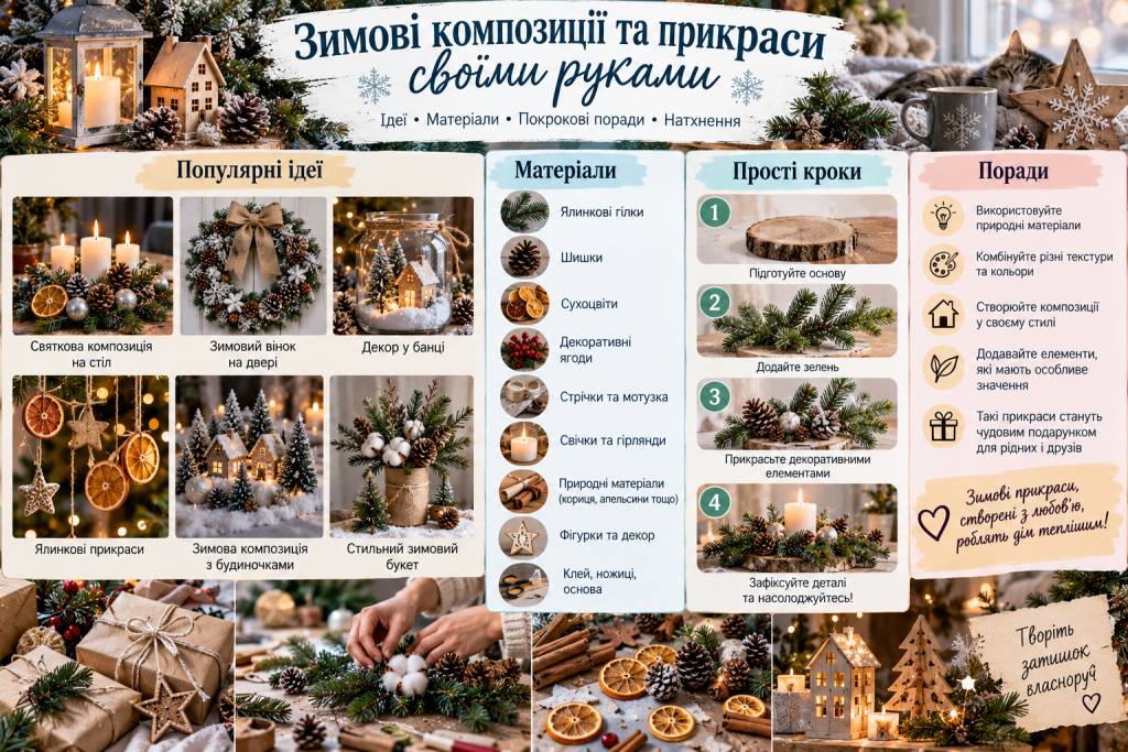 Інфографіка з ідеями зимових композицій своїми руками з ялинових гілок, шишок, свічок і природних матеріалів